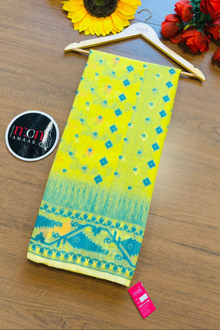Pineapple Yellow and Dark Green Designer Ikkat Dhakai Jamdani Saree
