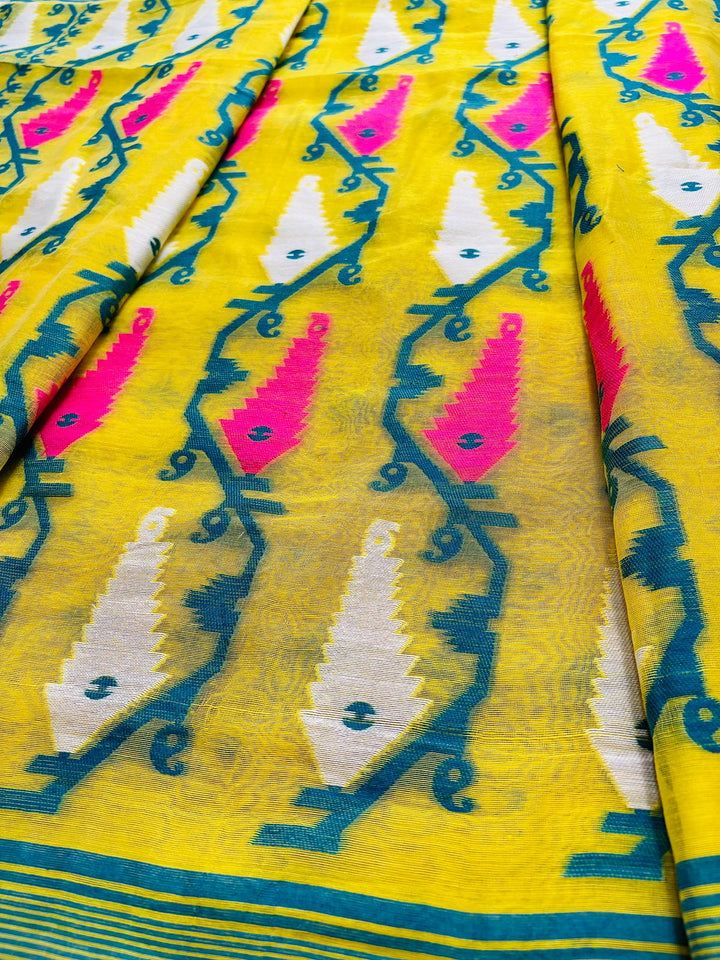 Pineapple Yellow and Dark Green Designer Ikkat Dhakai Jamdani Saree