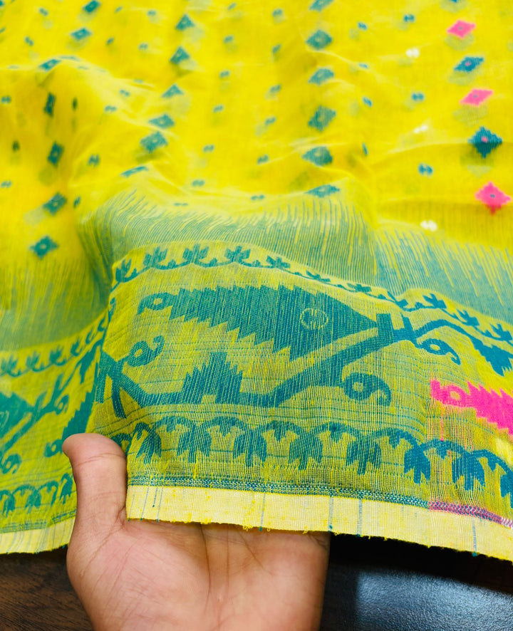 Pineapple Yellow and Dark Green Designer Ikkat Dhakai Jamdani Saree