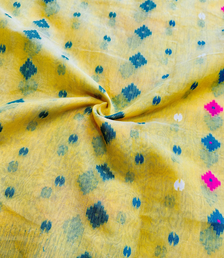 Pineapple Yellow and Dark Green Designer Ikkat Dhakai Jamdani Saree