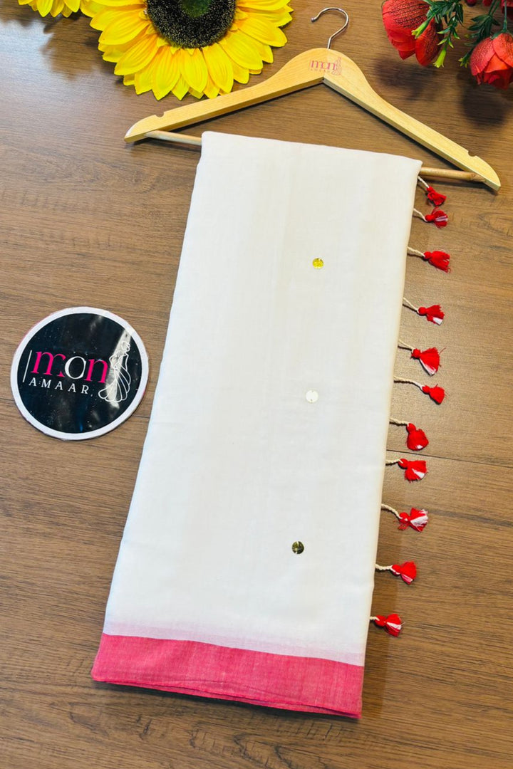 White Red Bengal Khadi Saree
