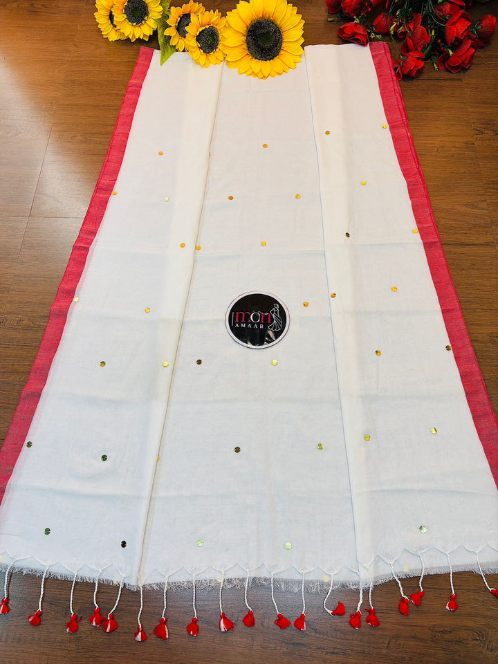 White Red Bengal Khadi Saree