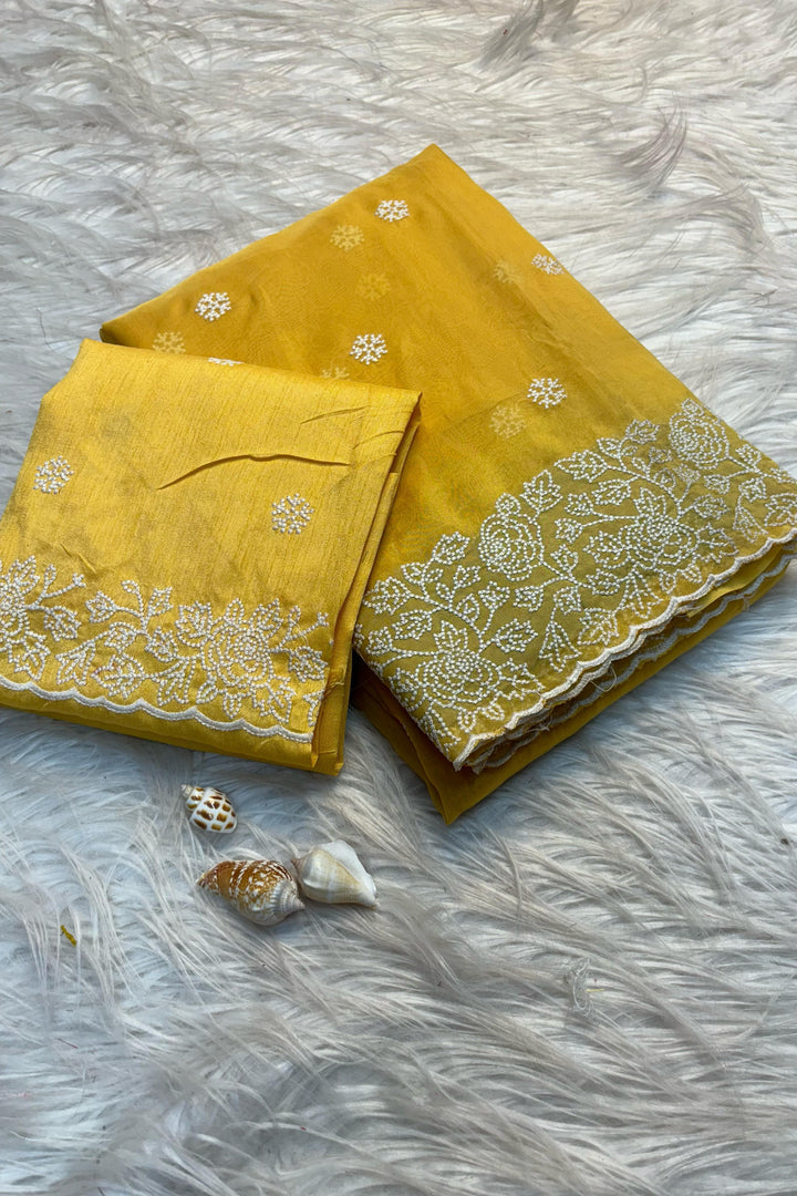 Cloud Swirls Tussar Yellow Silk Saree