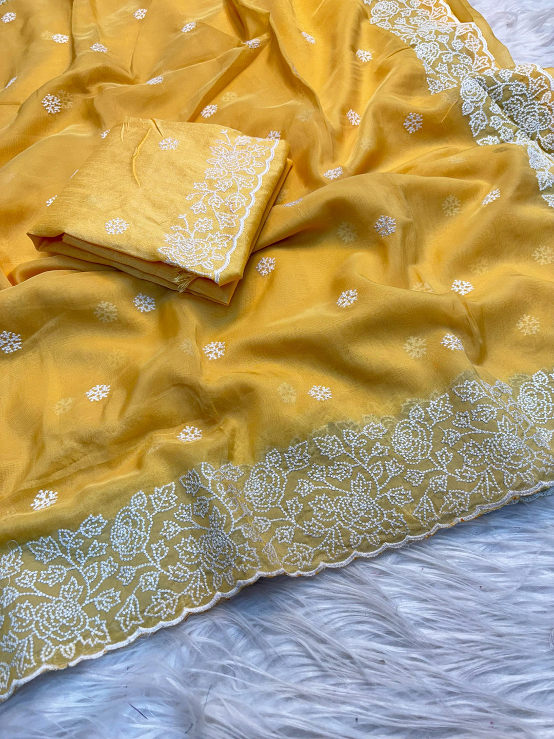 Cloud Swirls Tussar Yellow Silk Saree