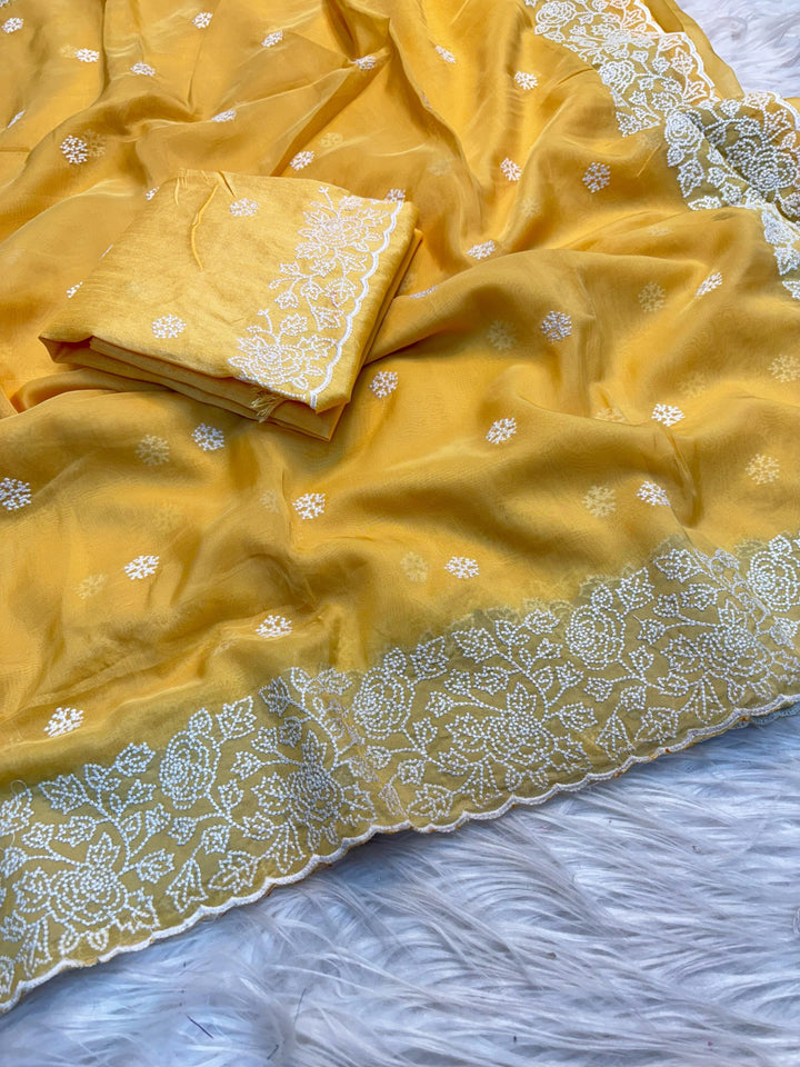 Cloud Swirls Tussar Yellow Silk Saree