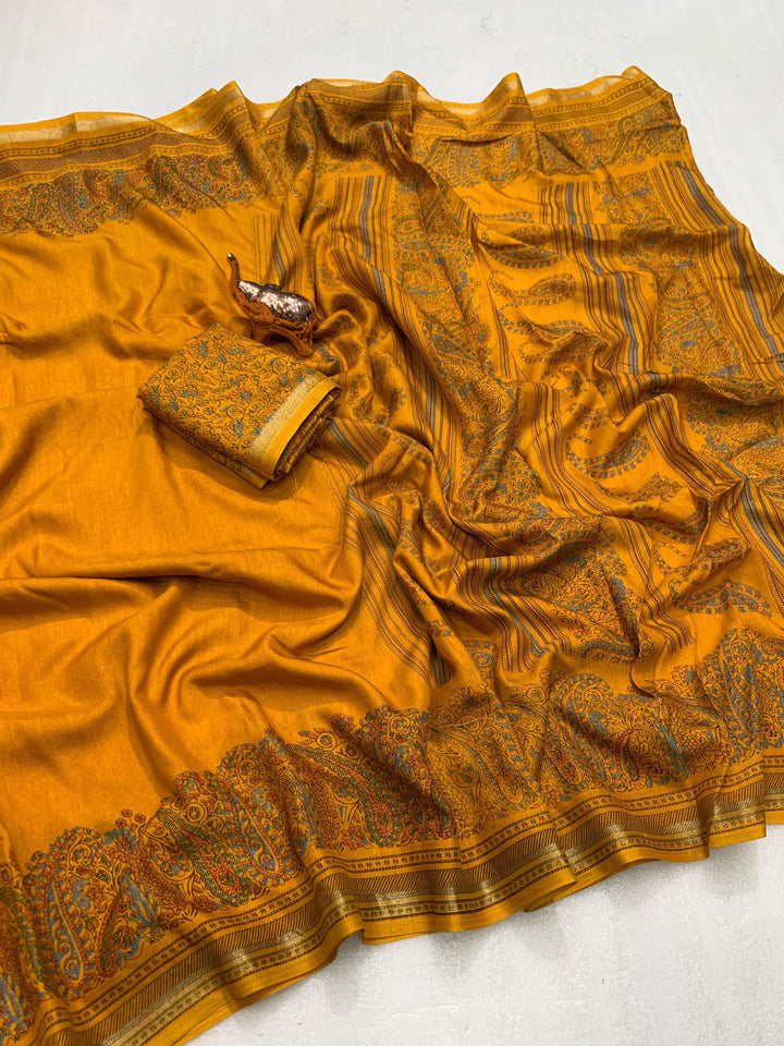 Heartwarming Yellow Tussar Silk Saree