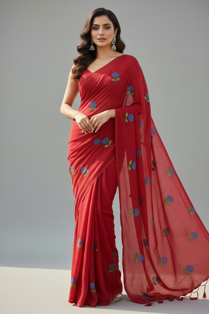Tantumaya Mul Cotton Red Saree