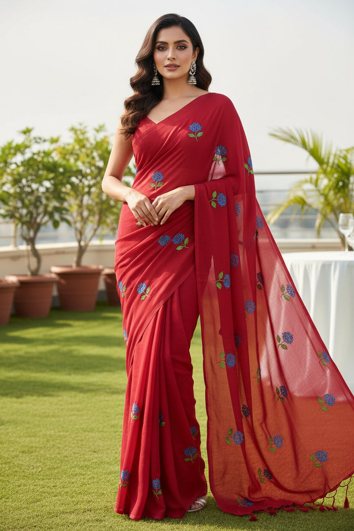 Tantumaya Mul Cotton Red Saree