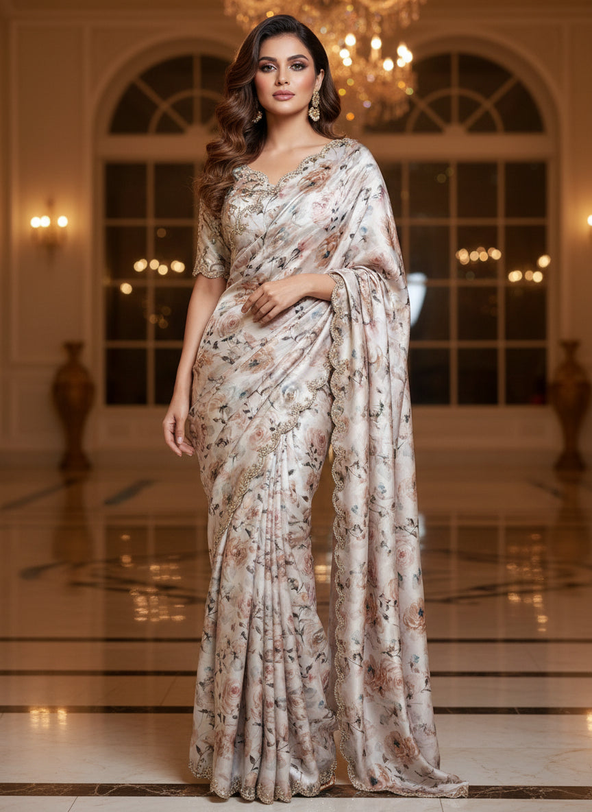 Wearing Royalty Satin Georgette Silk Saree