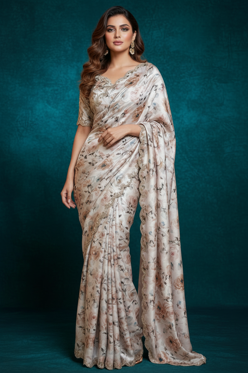 Wearing Royalty Satin Georgette Silk Saree