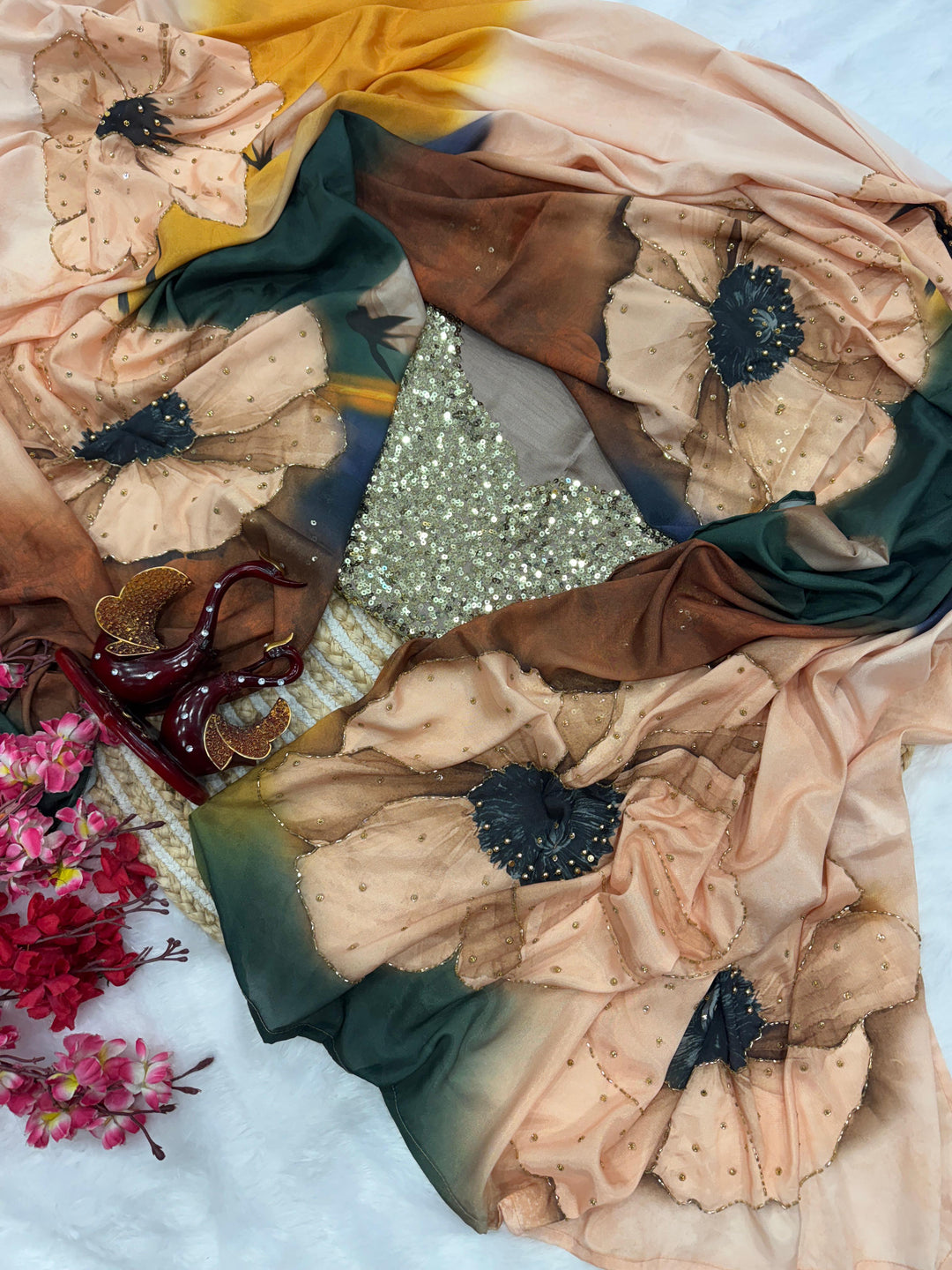Necklace Of The Heart Crepe Satin Silk Saree