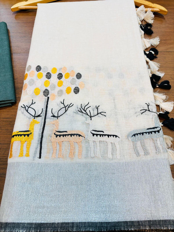 Hiranvati - Embroidered Pure Linen Saree