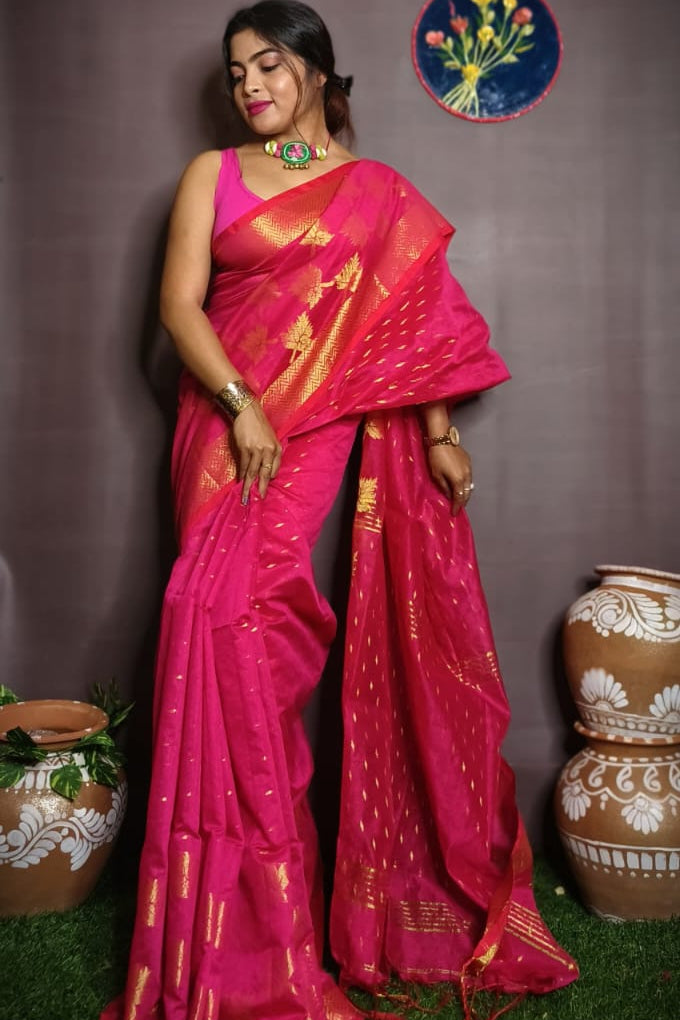 Leaf Design Cotton Silk Jamdani Saree
