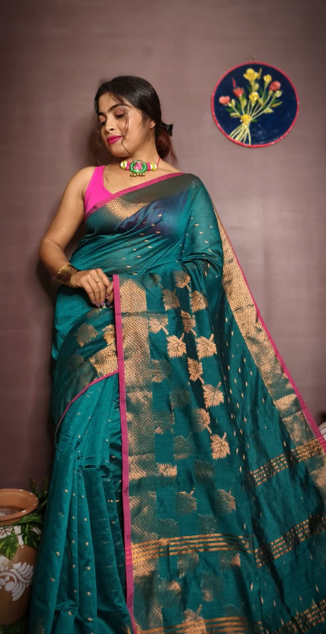Leaf Design Cotton Silk Jamdani Saree