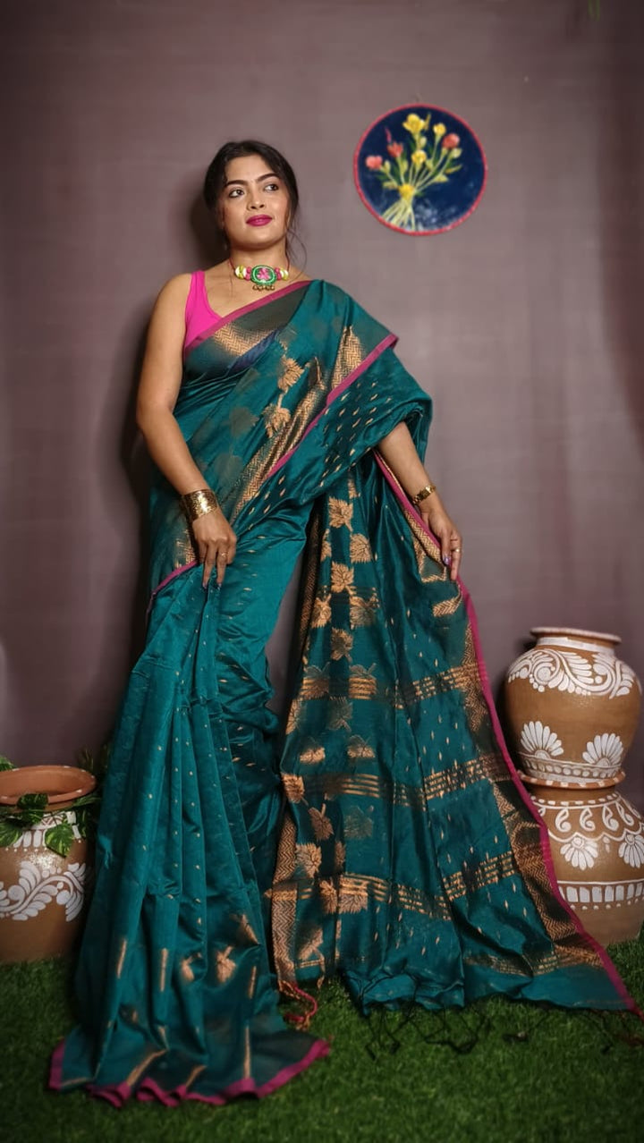 Leaf Design Cotton Silk Jamdani Saree