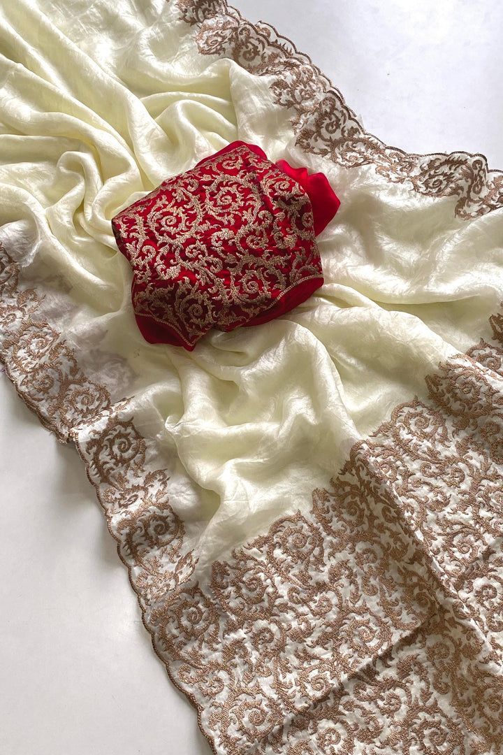 Feather Fall Fancy Chiffon White Saree