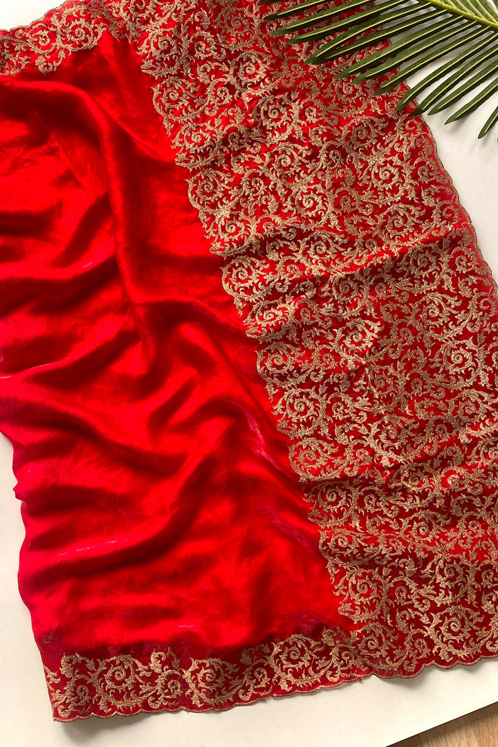 Feather Fall Fancy Chiffon Red Saree