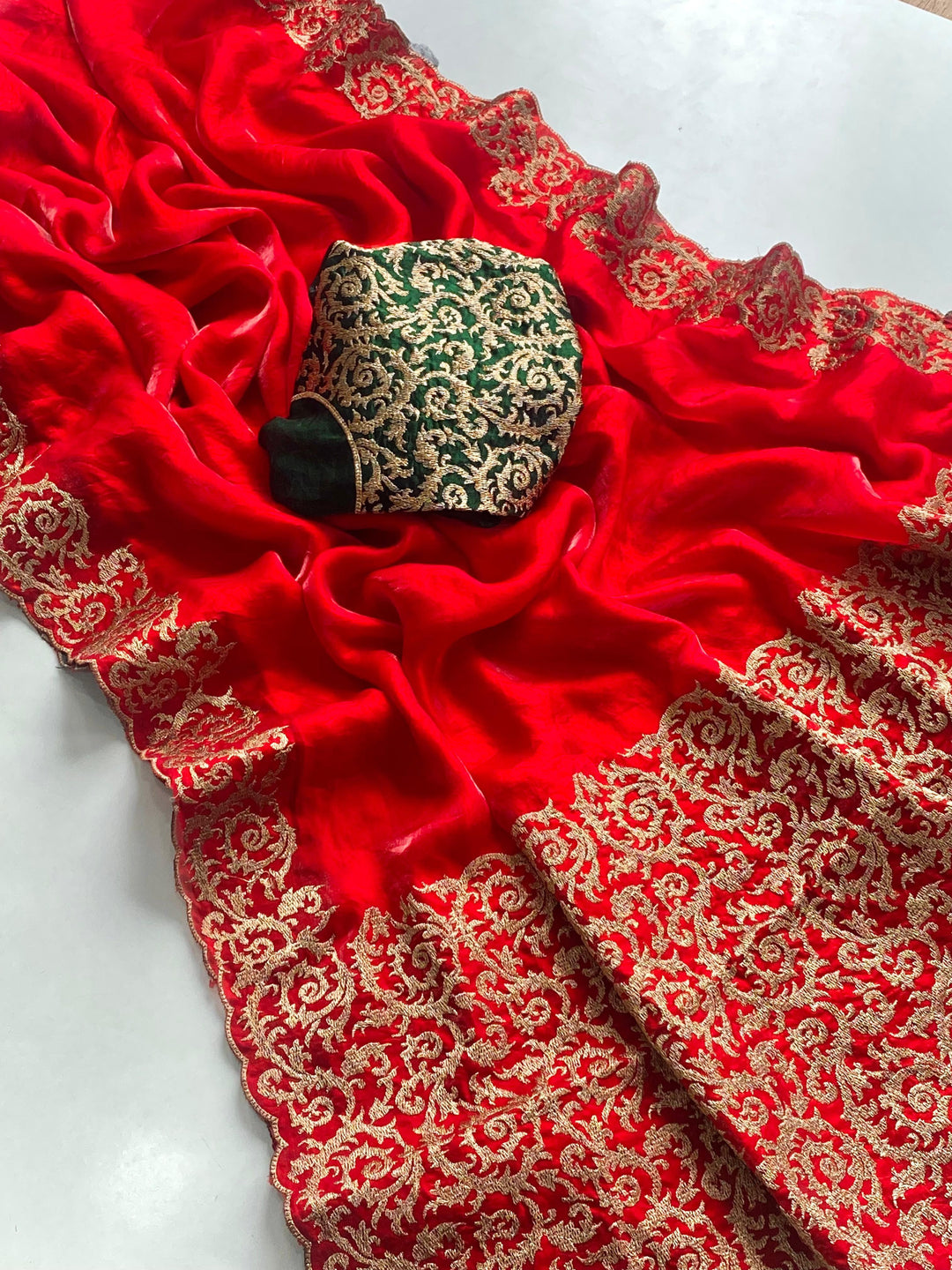 Feather Fall Fancy Chiffon Red Saree