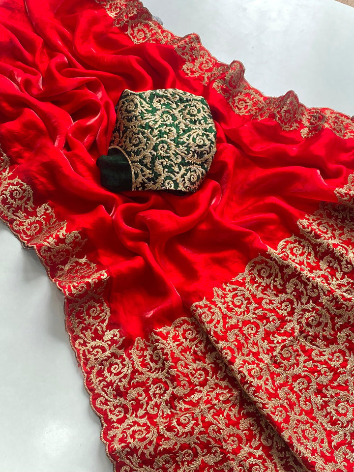 Feather Fall Fancy Chiffon Red Saree