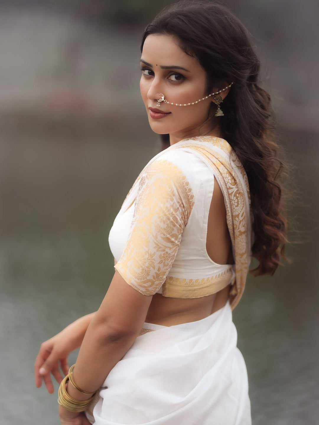 Model Inspired White Onam Cotton Saree