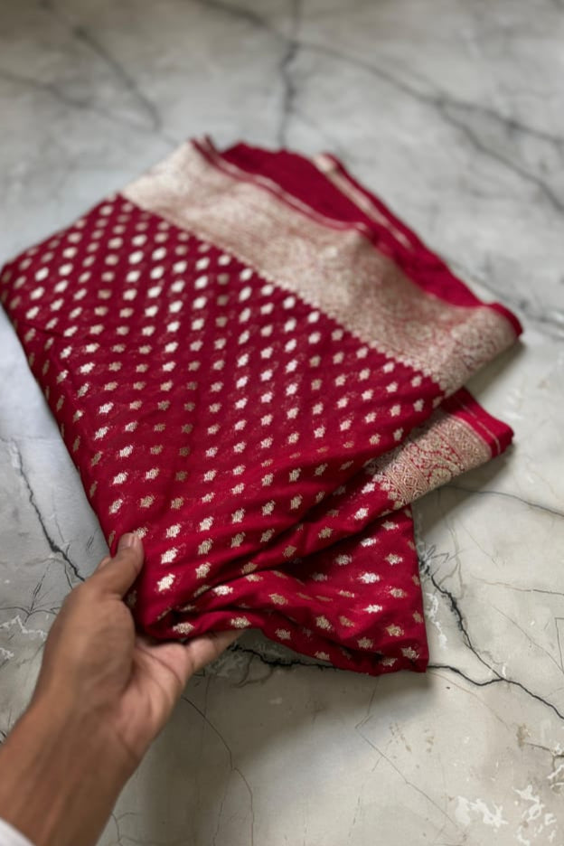 Cloud Code Banarasi Semi Katan Georgette Red Silk Saree