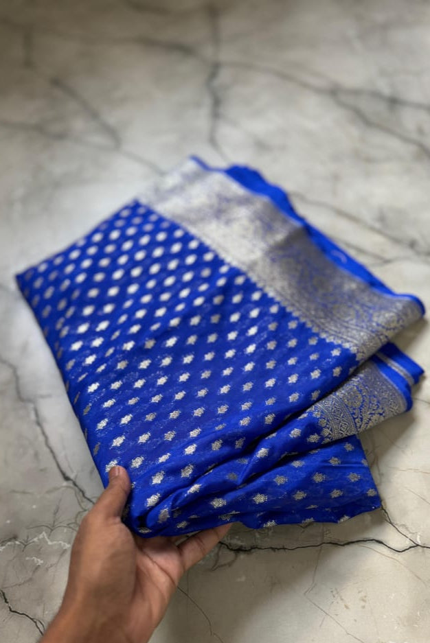 Cloud Code Banarasi Semi Katan Georgette Blue Silk Saree