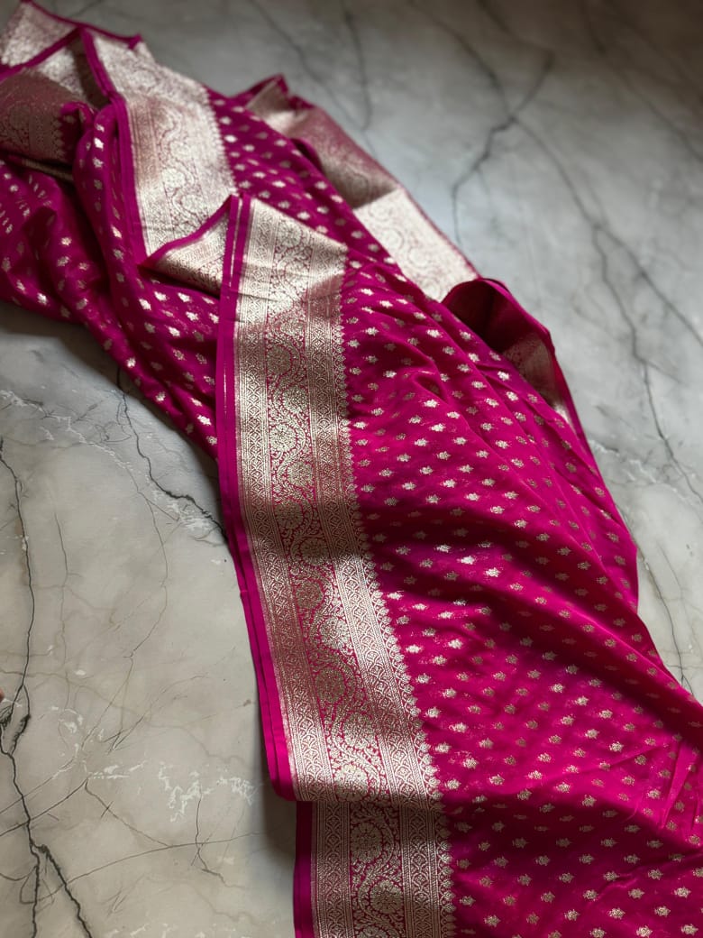 Cloud Code Banarasi Semi Katan Georgette Pink Silk Saree