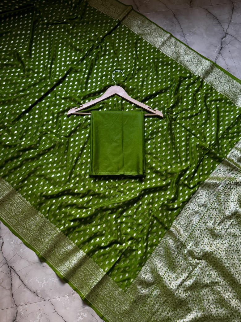 Cloud Code Banarasi Semi Katan Georgette Green Silk Saree
