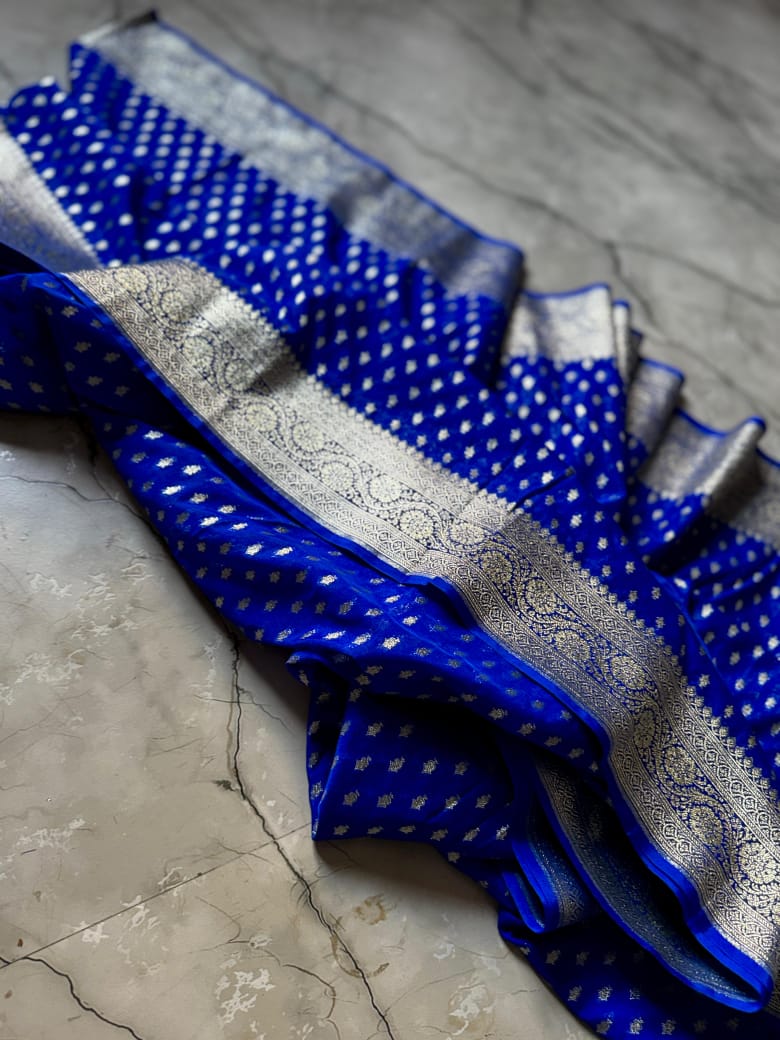 Cloud Code Banarasi Semi Katan Georgette Blue Silk Saree