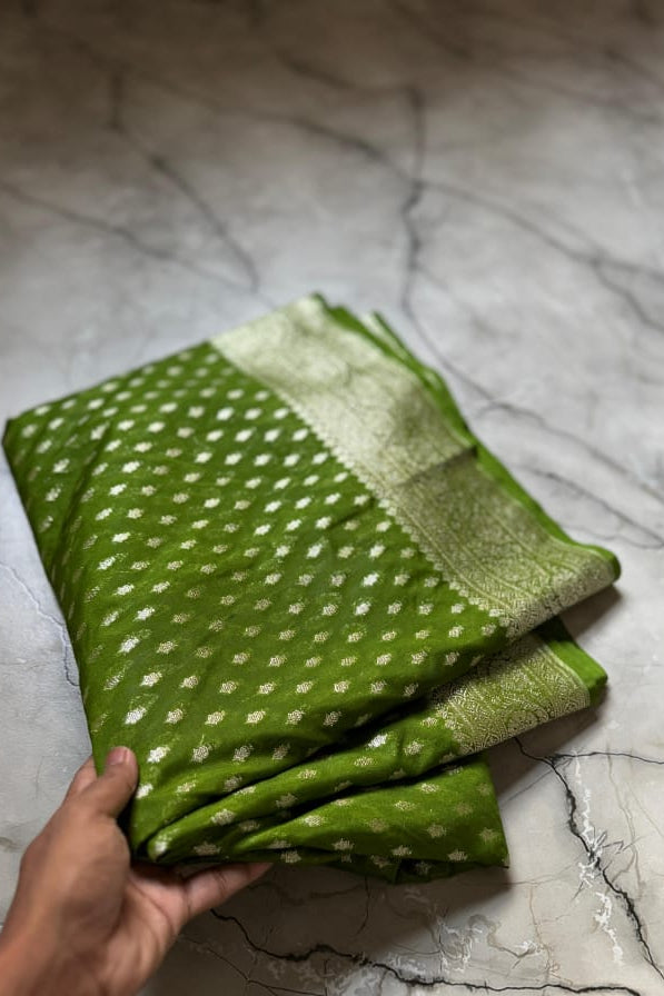 Cloud Code Banarasi Semi Katan Georgette Green Silk Saree