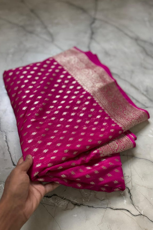 Cloud Code Banarasi Semi Katan Georgette Pink Silk Saree