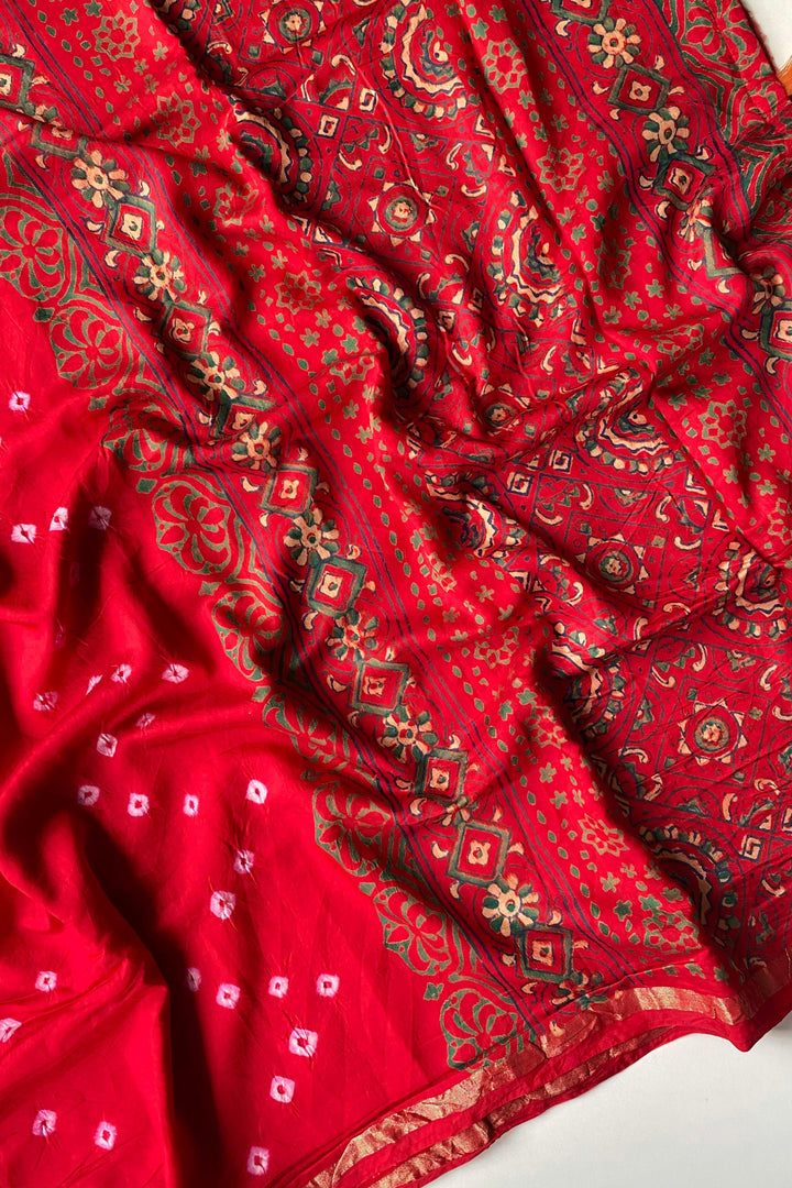 Red Spark Chanderi Bandhani Silk Saree