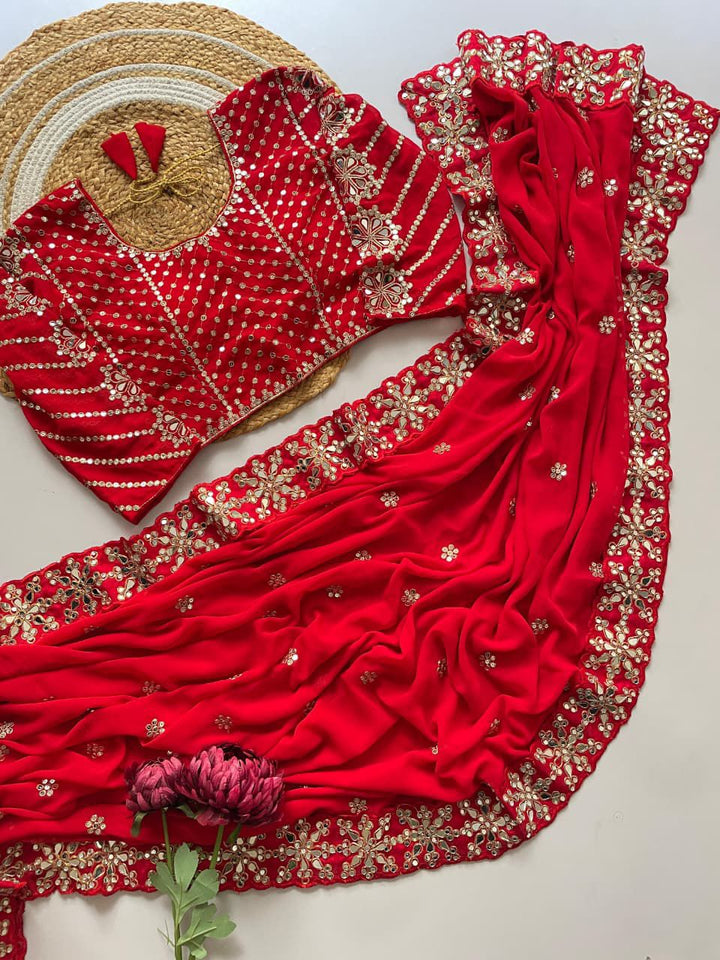 Strokes & Stories Red Georgette Saree