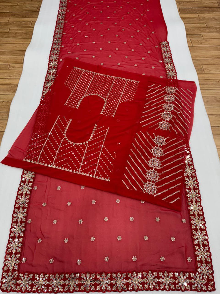 Strokes & Stories Red Georgette Saree