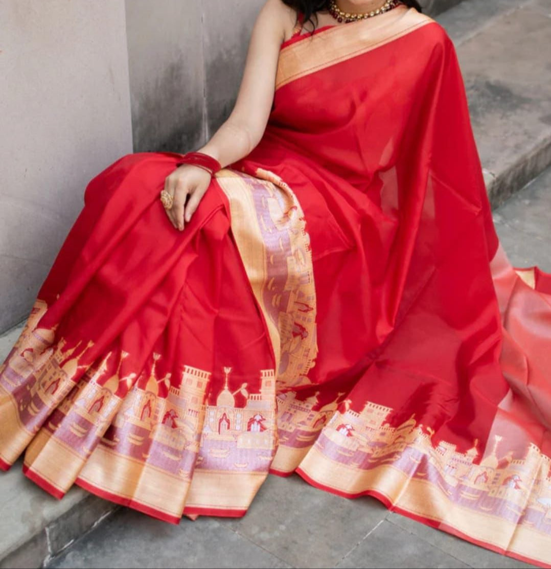 Ganga Ghat Semi Georgette Red Saree