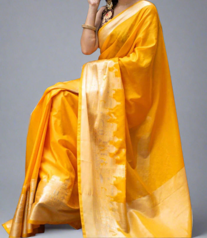 Ganga Ghat Semi Georgette Yellow Saree
