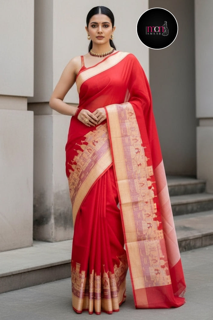 Ganga Ghat Semi Georgette Red Saree