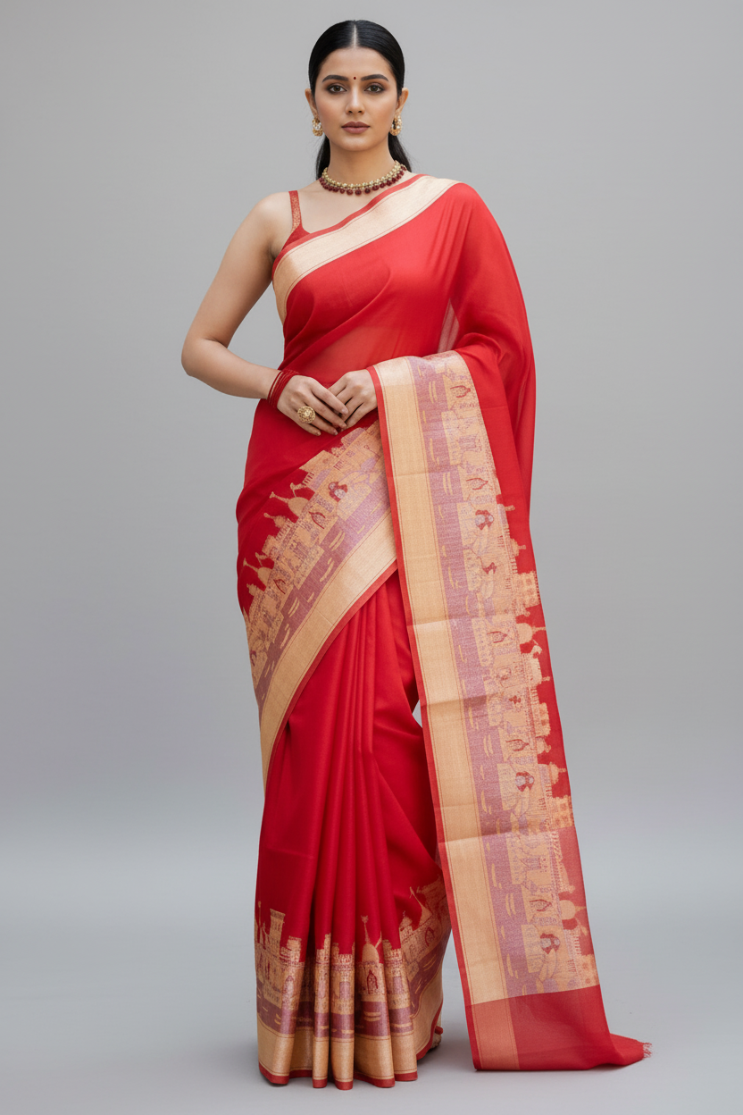 Ganga Ghat Semi Georgette Red Saree