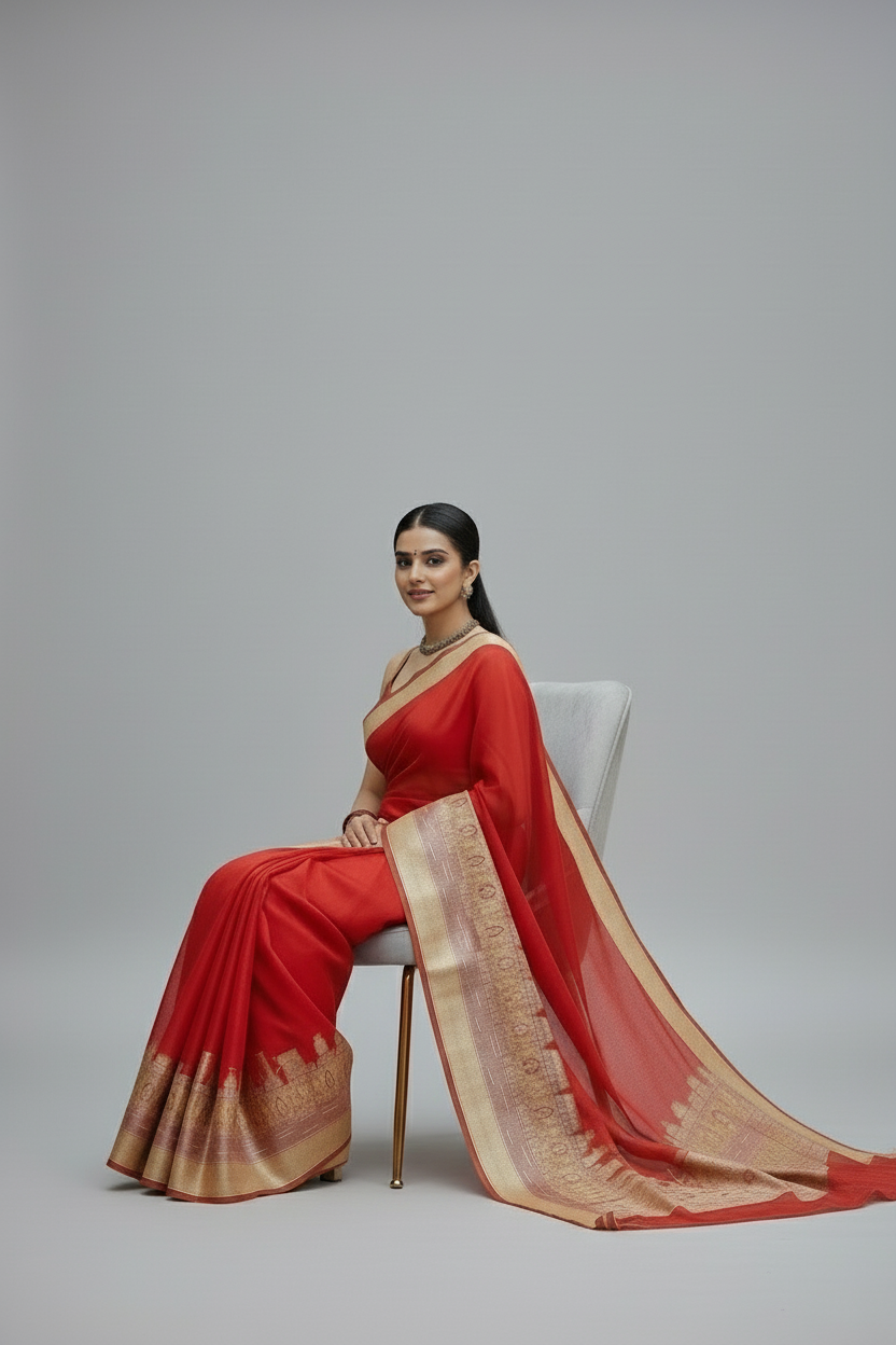 Ganga Ghat Semi Georgette Red Saree