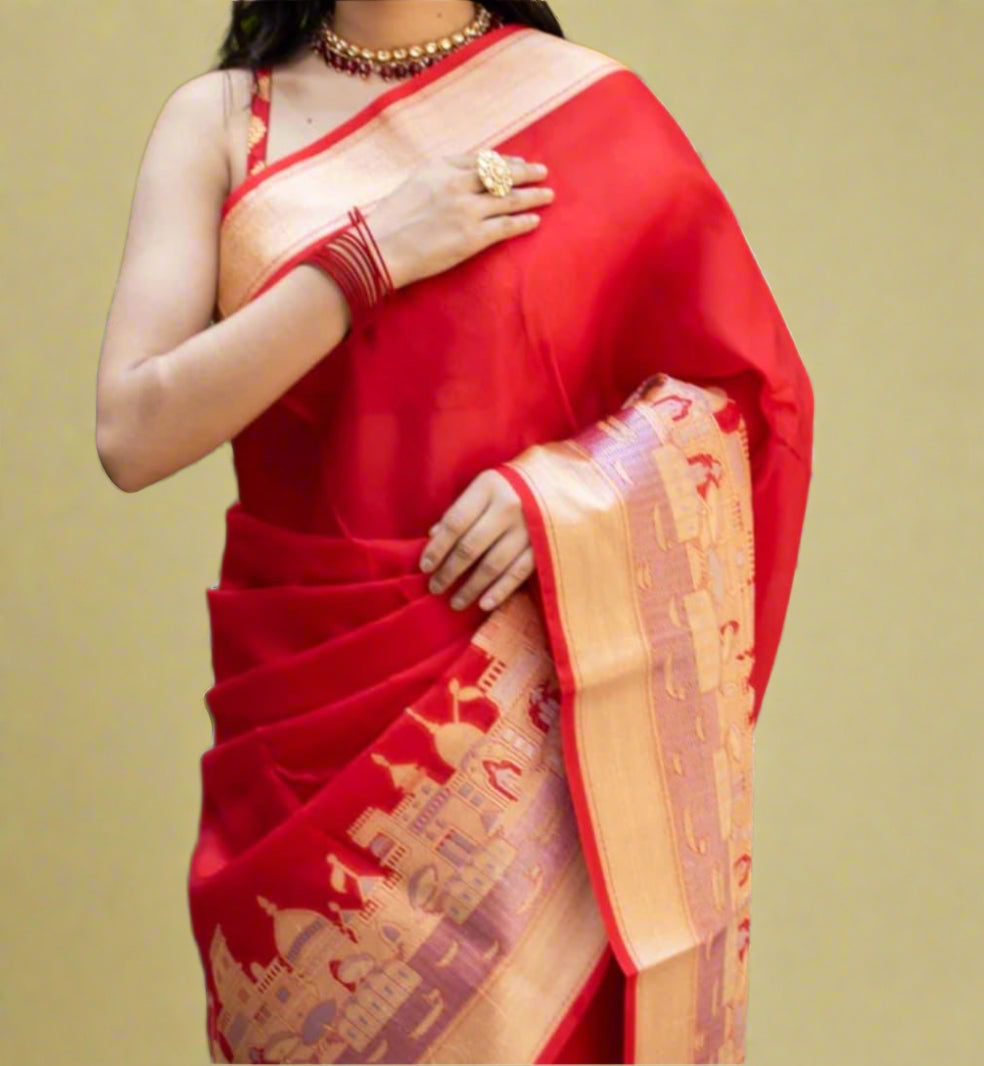 Ganga Ghat Semi Georgette Red Saree