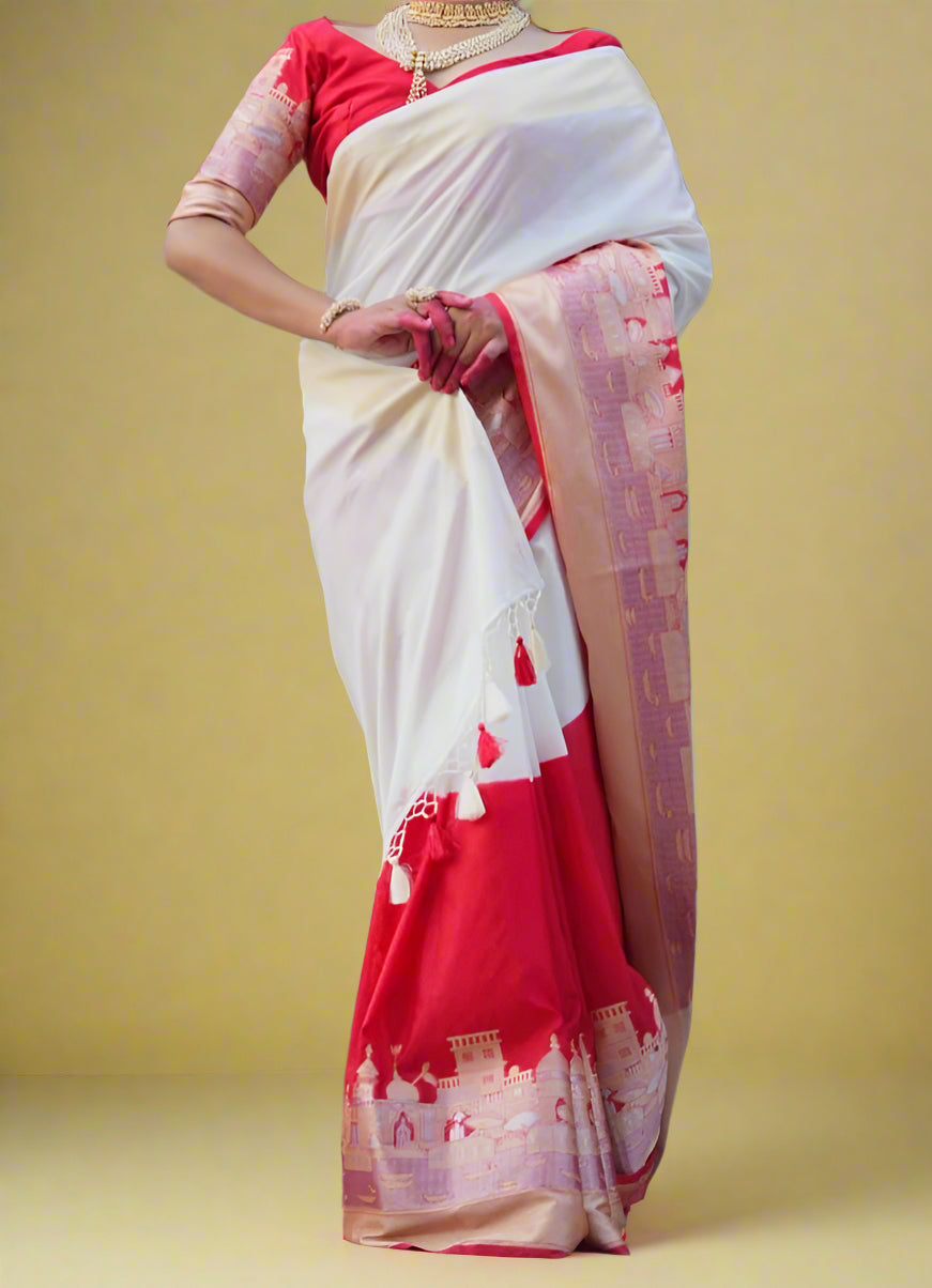 Ganga Ghat Semi Georgette Red White Saree