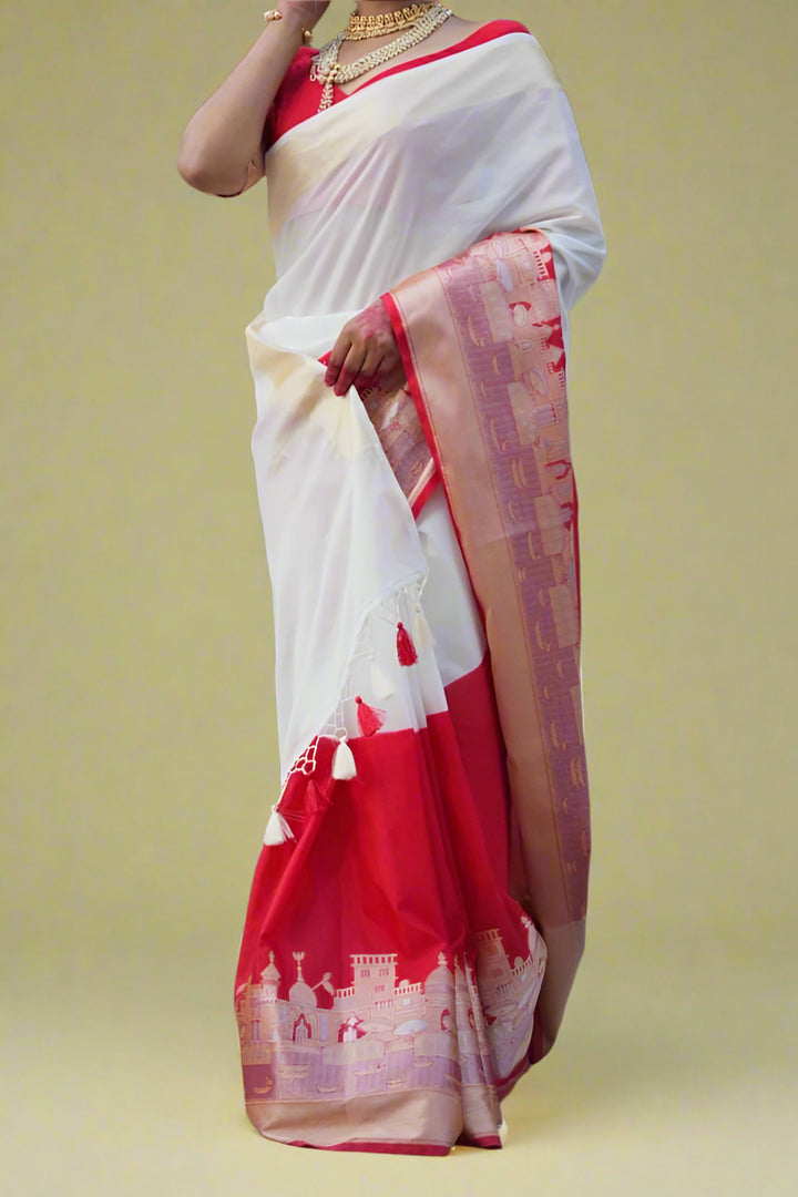 Ganga Ghat Semi Georgette Red White Saree