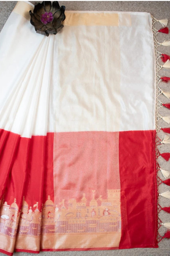 Ganga Ghat Semi Georgette Red White Saree