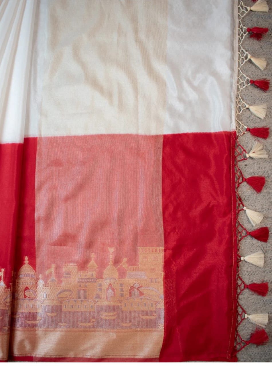 Ganga Ghat Semi Georgette Red White Saree