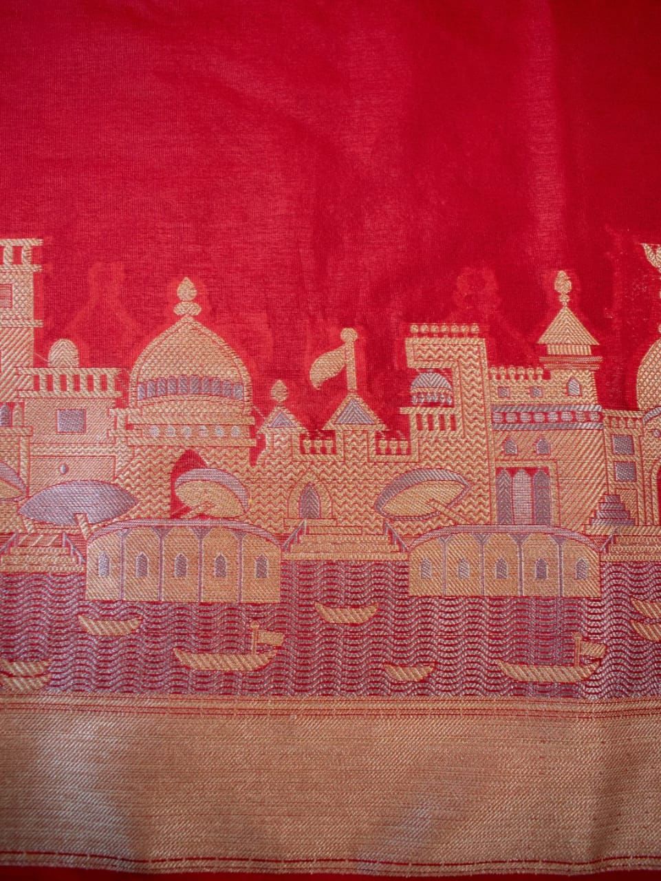 Ganga Ghat Semi Georgette Red White Saree