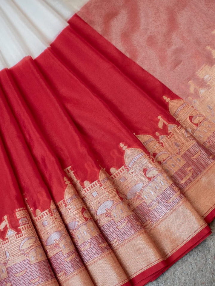 Ganga Ghat Semi Georgette Red White Saree