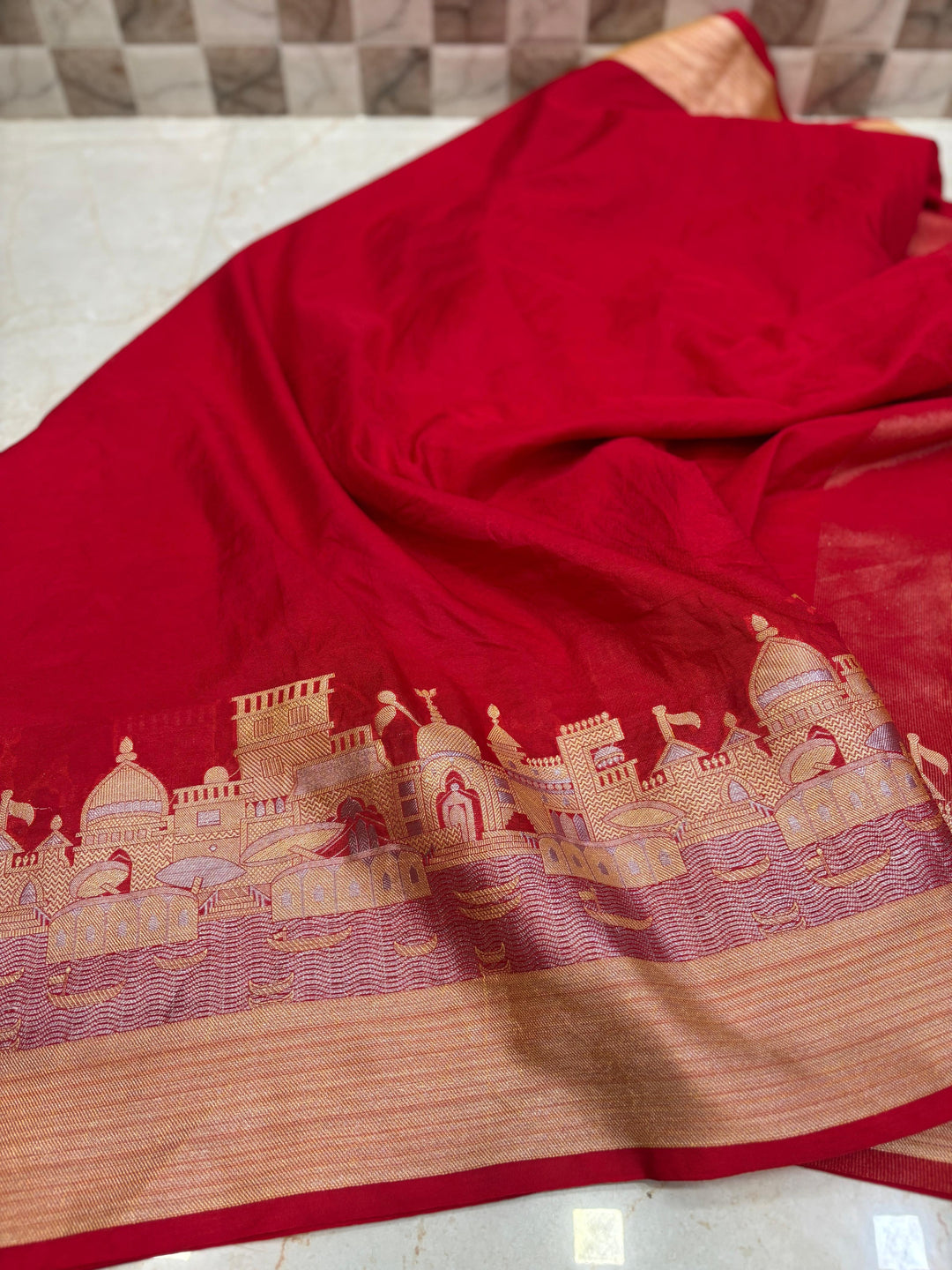 Ganga Ghat Semi Georgette Red Saree