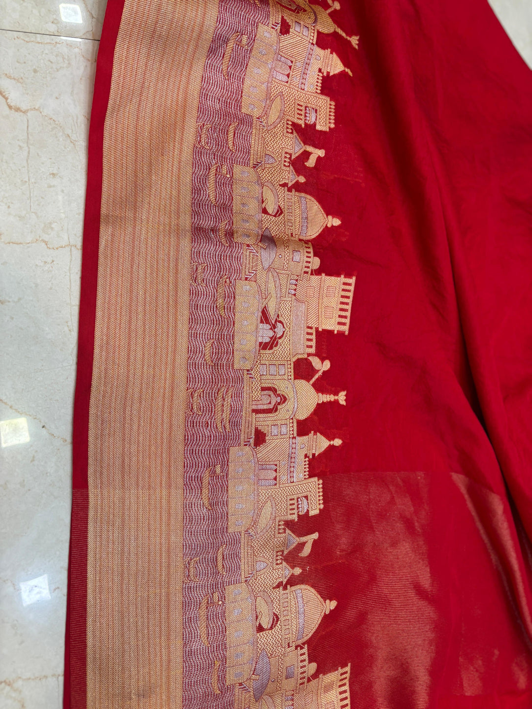 Ganga Ghat Semi Georgette Red Saree