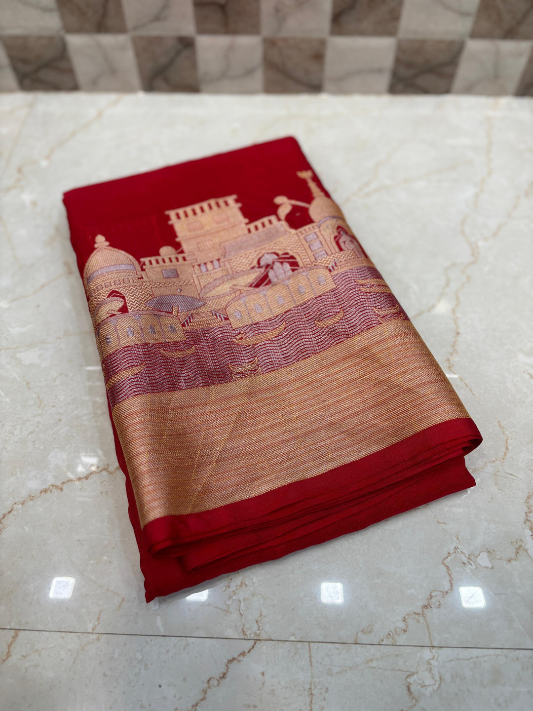 Ganga Ghat Semi Georgette Red Saree