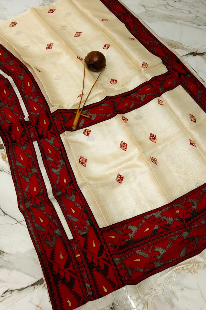Naba Prabhat Gachi Tussar Applique Saree